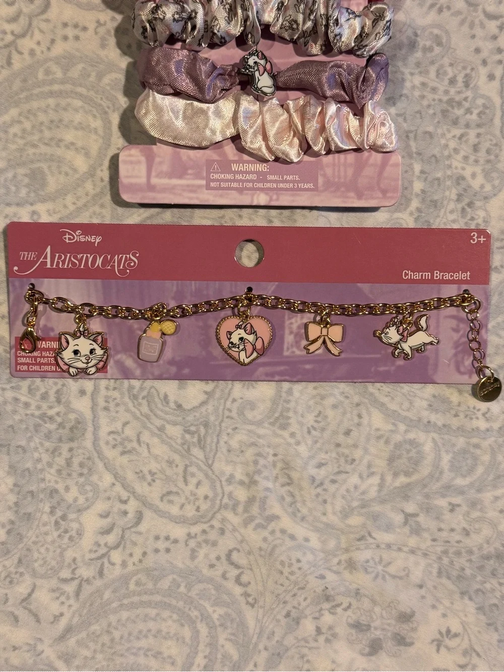 Disney The Aristocats Pink Lavender Mini Scrunchies and Gold tone Charm Braclet